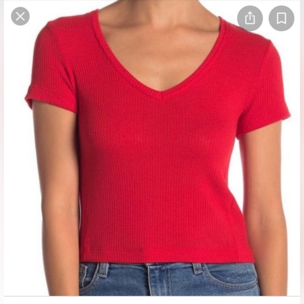 Project Social Red Ribbed Crop V-Neck Tee, Cropped Ribbed Tee- Large